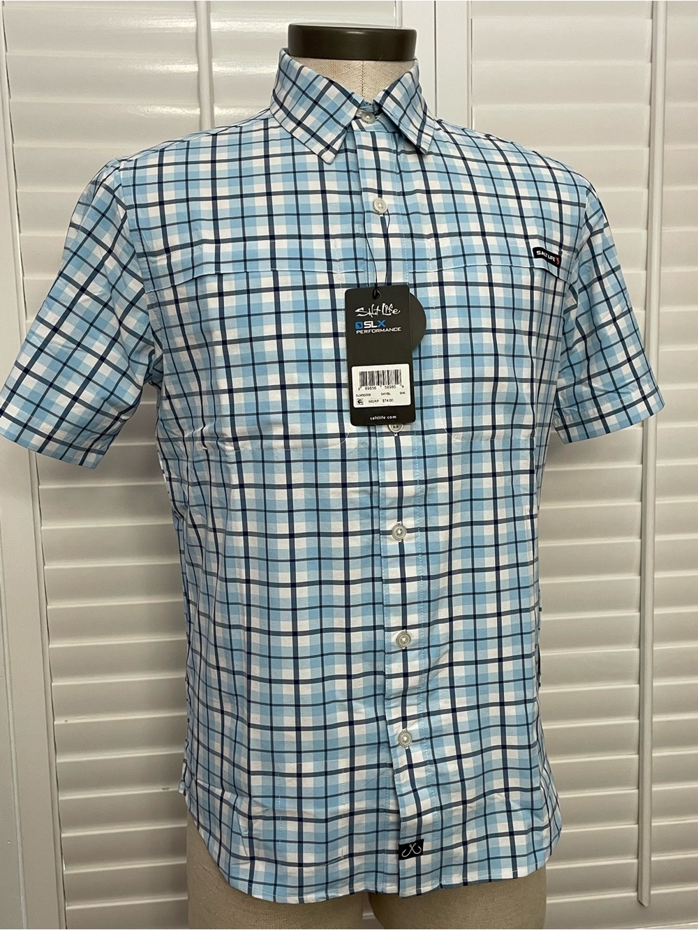 Salt Life SLX Performance Blue and White Plaid Short Sleeve Button-Down Shirt